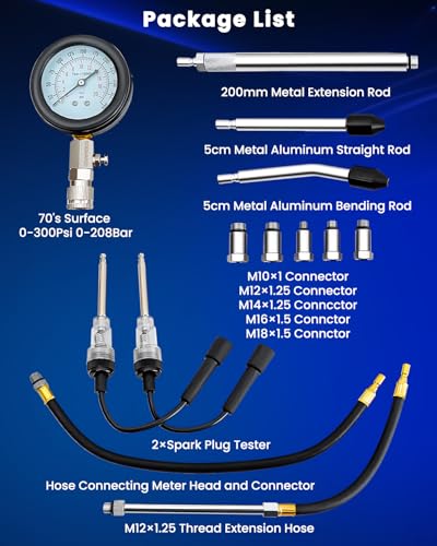 SIXIWANZI 13 Piece Engine Compression Tester Kit, 0-300 PSI Compression Tester Automotive with Spark Plug Tester, Small Engine Compression Tester with M10 M12 M14 M16 M18
