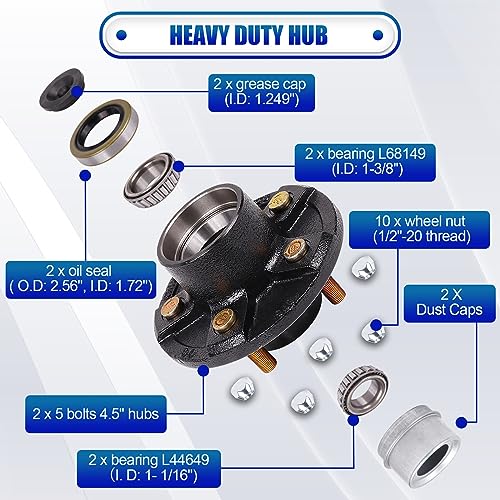 2-Pack 5 on 4.5 Trailer Hub Kit for 3500 lbs Axles, Pre-Installed Races with 1-3/8" & 1-1/16" Bearings, Rust-Resistant Wheel Hub Assembly for Boat Utility Trailers and Long Hauls - size: 5 on 4.5" 3500 lbs