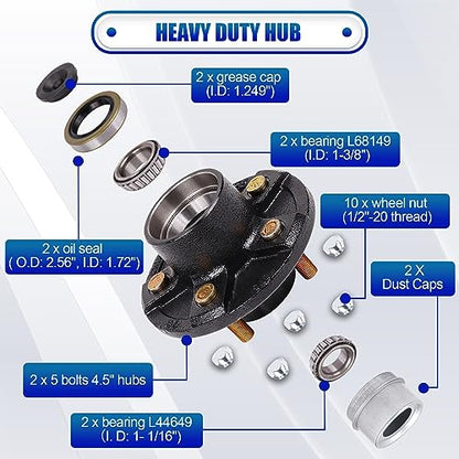 2-Pack 5 on 4.5 Trailer Hub Kit for 3500 lbs Axles, Pre-Installed Races with 1-3/8" & 1-1/16" Bearings, Rust-Resistant Wheel Hub Assembly for Boat Utility Trailers and Long Hauls - size: 5 on 4.5" 3500 lbs