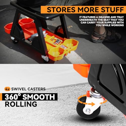 Auto Dynasty Steel Mechanic Tool Rolling Seat with Tool Tray Max 200 Lbs for Household Home Garage Warehouse Office, Orange