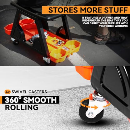 Auto Dynasty Steel Mechanic Tool Rolling Seat with Tool Tray Max 200 Lbs for Household Home Garage Warehouse Office, Orange