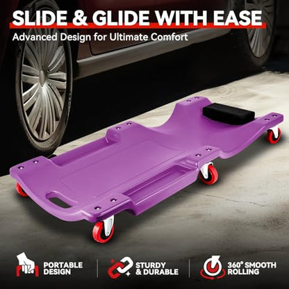 Auto Dynasty 36 Inches Mechanic Creeper, Automotive Garage Repair Low Profile Under Car Rolling Creeper with Padded Headrest, Plastic, Purple - color: Purple, size: 36" L