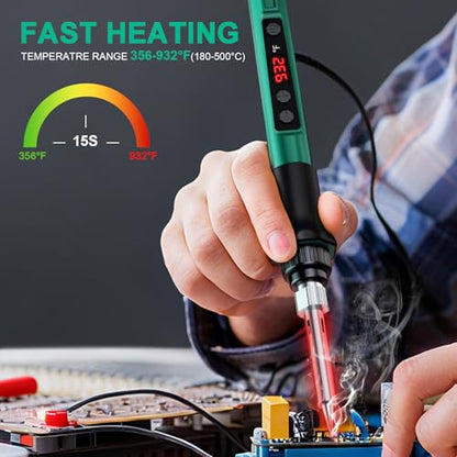 Soldering Iron Kit, 70W Soldering Gun with LED Digital Display, Adjustable Temperature 356-932℉ Solder Kit for Electronics, Includes 5pcs Tips, Stand, Solder Wire, Sponge, Paste, Green - color: Green