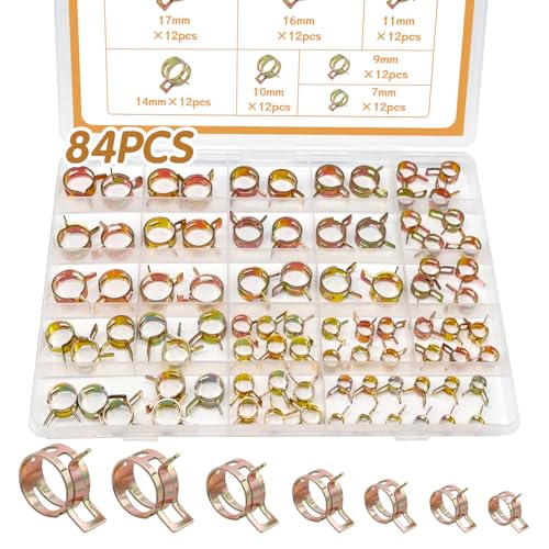 84PCS 7-17mm Fuel Line Hose Clamps Spring Clamp Silicone Vacuum Wire Air Pipe & Bushing Automotive Replacement Fastener Selection Kit DD006-c - color: Colored Zinc
