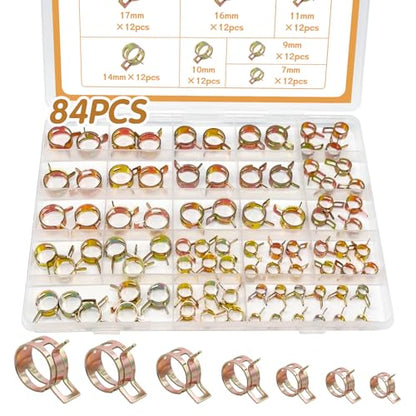 84PCS 7-17mm Fuel Line Hose Clamps Spring Clamp Silicone Vacuum Wire Air Pipe & Bushing Automotive Replacement Fastener Selection Kit DD006-c - color: Colored Zinc
