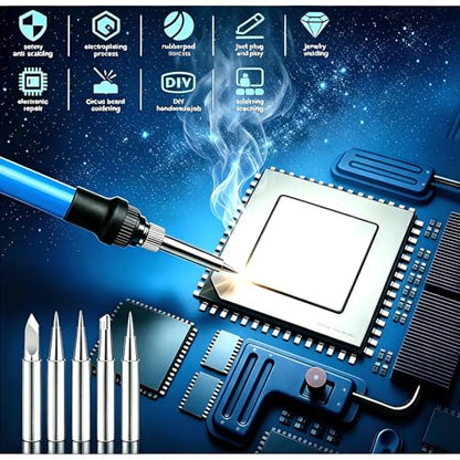 60W Soldering Iron Kit, 110V Soldering Iron with 5pc Interchangeable Tips and Solder Wire,Fast Heating,Adjustable Temperature Solder Welding Tools,Solder Wire for Variously Electronic Repair