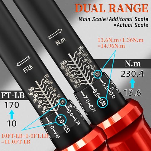 1/2-Inch Drive Torque Wrench 10-170ft.lb/13.6-230.5Nm | ±3% Precision Dual Direction Torque Wrenches with 72-Tooth Dual Range Scales - size: 1/2" DR.『10-170 FT.LB』