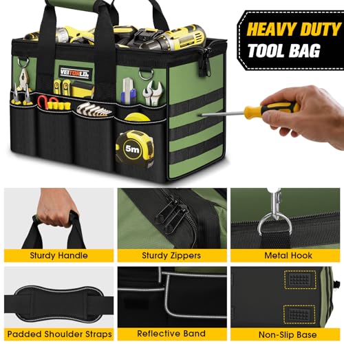 18-Inch Heavy Duty Tool Bag, 19-Pockets Tool Box Organizer, Portable Toolbag W/Soft Handle for Organized Storage, Mechanic Gifts for Men Dad Husband Fathers Day, Wide Mouth Electrician Toolbox, Green - style: 18Inch Handle-Green