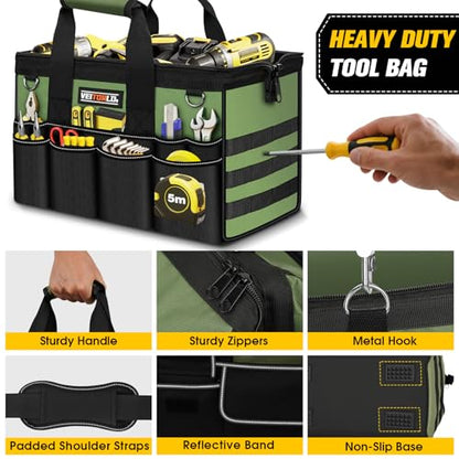 18-Inch Heavy Duty Tool Bag, 19-Pockets Tool Box Organizer, Portable Toolbag W/Soft Handle for Organized Storage, Mechanic Gifts for Men Dad Husband Fathers Day, Wide Mouth Electrician Toolbox, Green - style: 18Inch Handle-Green