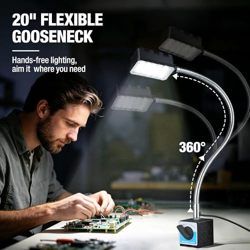 Magnetic Work Light, 1300 Lumens Led Machine Lights | Strong Magnetic Base, 20 inch Flexible Magnetic Lamp, For Garage, Workshop, Bandsaw, Lathe, Drill Press, 120V