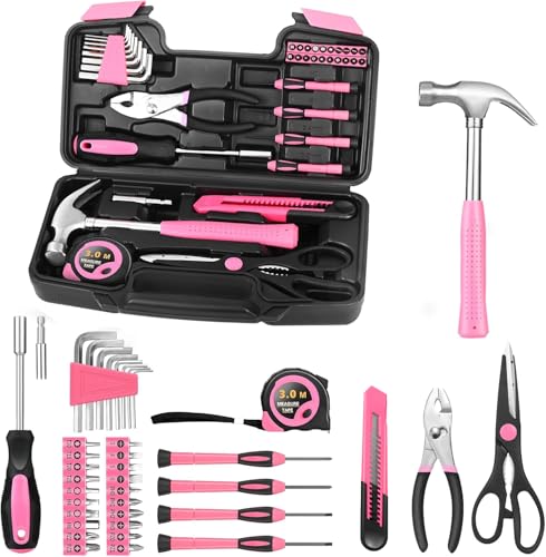HANGYING 39-Piece Pink Household Tool Set for Women with Storage Box | All Purpose Hand Tool Kit, Small Tool Kit, for Home Garage, Office, College Dorm, Daily DIY Repairs, Household Use - color: Pink