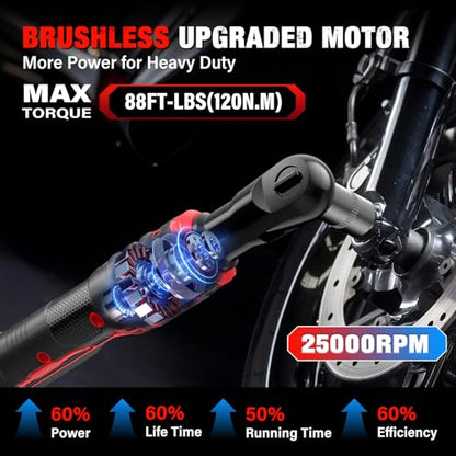 20V Cordless Ratchet Wrench 3/8" Set, 88 Ft-lbs(120N.m), 500 RPM, Electric Ratchet Wrench with 2PCS 2000mAh Batteries, Variable Speed, LED Light, 5 Sockets, 1/2" Adapter, 3" Extension Bar