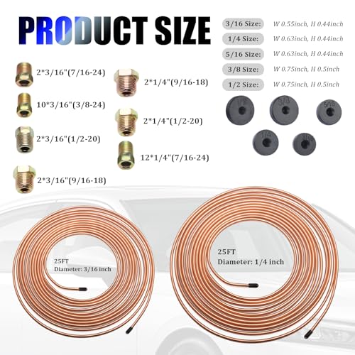 25Ft 1/4 & 3/16 Brake Line Kit,Copper Plated Brake Line Repair Kit Includes Single/Double Brakes Lines Flaring Tool Kits & 32 Inverted Fittings,Professional Brakes Lines Flare Tool Kits