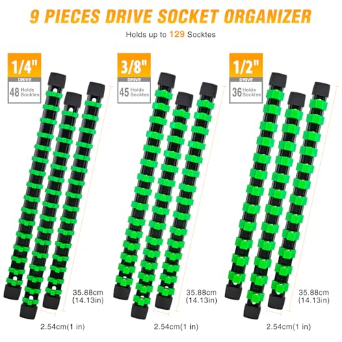 GOOACC Socket Organizer ABS Socket Holder Set 1/4" 3/8" 1/2" Drive Socket Rail Holders Stores up 129 Clips Impact Sockets Organizers Rails for Tool Box Drawer, 9 Piece Green - size: Clip Rail 9PC 1/4"3/8"1/2" Green