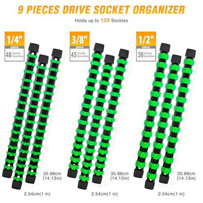 GOOACC Socket Organizer ABS Socket Holder Set 1/4" 3/8" 1/2" Drive Socket Rail Holders Stores up 129 Clips Impact Sockets Organizers Rails for Tool Box Drawer, 9 Piece Green - size: Clip Rail 9PC 1/4"3/8"1/2" Green