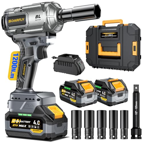 SOARFLY Upgraded Cordless Impact Wrench 1/2", 900 Ft-lbs (1200 Nm) Brushless Impact Gun, 21V High Torque Impact Driver with 2x 4.0Ah Batteries, Variable Speed for Car, Truck, Workshop, Heavy-Duty Jobs - color: Gray