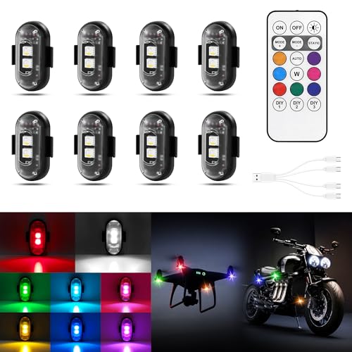 Wireless LED Lights for Car 8PCS with Remote Control, Wireless LED Strobe Lights 8 Colors USB Charge IP65 Waterproof Anti-Collision for Car Motorcycle Drone RC Aircraft Bike, Black