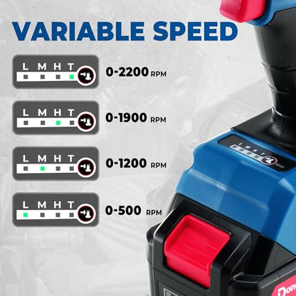 Dong Cheng 20V Brushless Impact Wrench, 670 ft-lbs (910N.m) Max Torque, 1/2 inch 4-Speed 2200RPM Cordless Impact Gun with Tool Bag, 2x4.0Ah Battery & Charger for Bolts on Cars, Trucks.etc - style: 2x4.0Ah Batteries