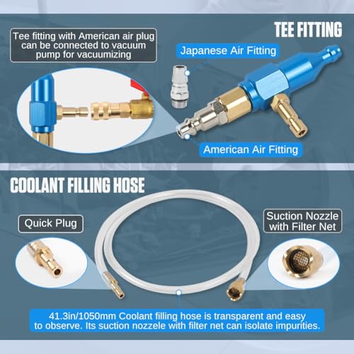 Coolant Vacuum Refill Kit Time-saving Vacuum Coolant Refill Kit Well-sealed Cooling System Vacuum Purge & Refill Kit with Pressure Gauge, 5 Sizes Adapters, Long Coolant Filling Hose for All Vehicles