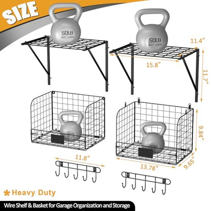 ThreeHio 2 Pack Garage Shelves Wall Mounted with Wire Baskets, Heavy Duty Garage Wall Shelving with Hooks, Wire Shelf Baskets Tool Organizer for Home Garden Garage Organization and Storage