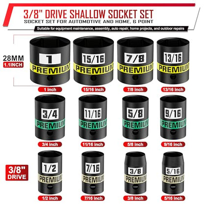 12-Piece 3/8" Drive Shallow Impact Socket Set, 5/16 to 1 inch, Semi-Deep Sockets, CR-V, Socket Set for Automotive and Home, SAE, 6 Point - size: 3/8" SAE Shallow