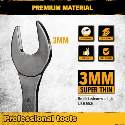 ELEAD 9-Piece Super-Thin Open End Wrench Set, SAE 1/4"-1-1/16", CR-V Nickel Plated, 3 mm Thickness Ultra-Slim Wrench Set for Tight Spaces, Durable Roll-Up Pouch for Mechanics - color: 9-piece Super-thin Sae Black