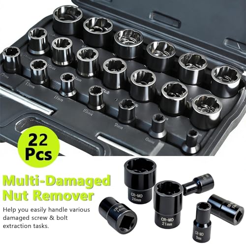 22Pcs Bolt Nut Extractor Kit, 1/2" & 3/8" Drive Extractor Socket Set, Impact Lug Nut Remover Tool Wheel Lock Removal Kit for Stripped Damaged Frozen Nuts and Screws with Storage Case