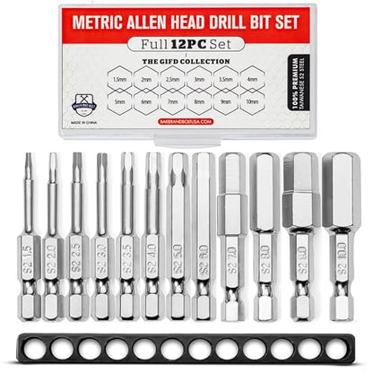 Metric Allen Wrench Drill Bit Set - Premium 12pc Complete Set w/Storage Case and Bit Holder - 1.5mm - 10mm 1/4in Hex Shank Magnetic Bit Set - The GIFD Collection S2 Steel Long 2in drive heads - style: ALLEN (METRIC)