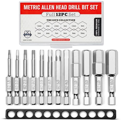 Metric Allen Wrench Drill Bit Set - Premium 12pc Complete Set w/Storage Case and Bit Holder - 1.5mm - 10mm 1/4in Hex Shank Magnetic Bit Set - The GIFD Collection S2 Steel Long 2in drive heads - style: ALLEN (METRIC)