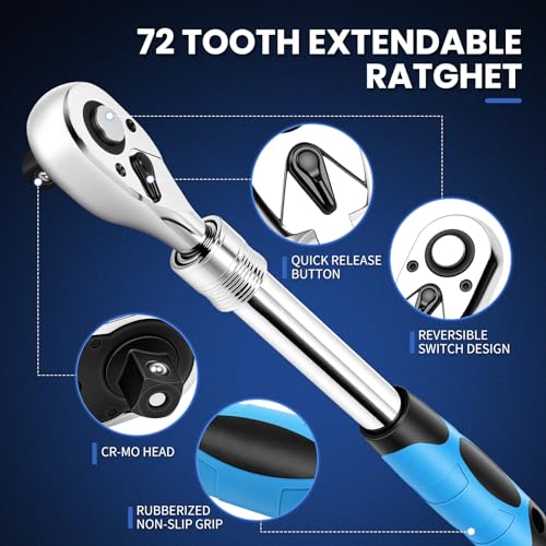 3-Piece Extendable Ratchet Set, 1/4" 3/8" 1/2" Drive 72-Tooth Quick-Release Reversible Socket Wrench with Soft Grip Handle & Storage Tray, CR-V Steel for Auto Repair & DIY - size: Extendable Ratchet