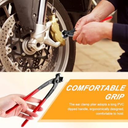 Ear Clamp Pliers Hose Clamp Crimping Tool for Hose Fuel Lines | Single-Ear, Double-Ear, Stepless Support; Slim Head for Tight Engine Bays; Cast Iron Build; PVC-Dipped Handles