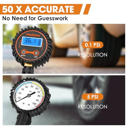 Digital Tire Pressure Gauge with Inflator, 250 PSI Heavy Duty Air Chuck Air Compressor Attachments, Improved Leaks Protection & Stainless Braided Hose Tire Gauge with a Portable Carrying Box - color: Standard With Case