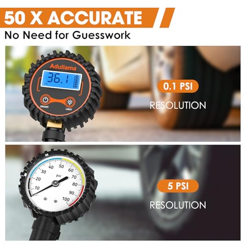 Digital Tire Pressure Gauge with Inflator, 250 PSI Heavy Duty Air Chuck Air Compressor Attachments, Improved Leaks Protection & Stainless Braided Hose Tire Gauge, 0.1 Display Resolution - color: Standard