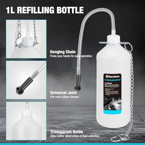 DURATECH 2L Manual Brake Bleeder Kit with 3 Master Cylinder Adapters, One Person Brake Fluid Pressure Bleeder with 1L Refilling Bottle, Large Capacity, Compatible with Most Vehicles