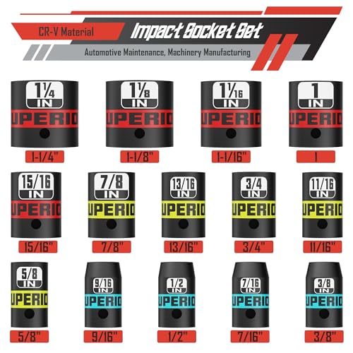 14 Piece 1/2" Drive Impact Socket Set, 3/8" - 1-1/4" Shallow Socket, SAE, 6 Point, CR-V, Automotive Maintenance, Machinery Manufacturing - size: 1/2" Shallow SAE