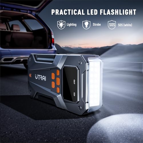 UTRAI 5500A 150PSI Jump Starter with Air Compressor, 12V Portable Jump Box (All Gas/10L Diesel), Jump Pack with LED Light, Car Jumper with Jumper Cables, Storage Case Included - color: Silver