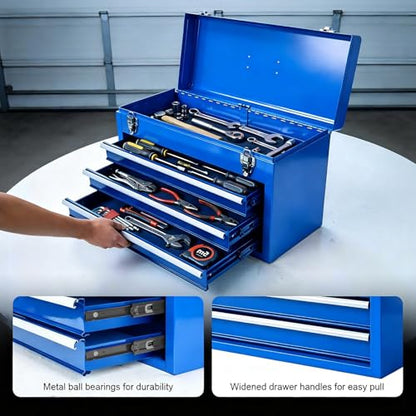 TCE 3 Drawer 20.5" Portable Metal Tool Box: Ball-Bearing Slides and 2 Metal Latches for Secure Closure in Garage, Home or Workbench, Blue - size: 20.5 inch