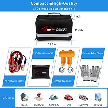 STDY Car Roadside Emergency Kit, Vehicle Truck Safety Road Side Assistance Kits Auto Accessory, with Jumper Cables, Car Vacuum, etc - size: Essential Kit+Car Vacuum