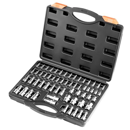 VEVOR Torx Bit Socket and External Torx Socket Set, 60-Piece T6-T70, TT6-TT70, TP8-TP60, E4-E24, S2 Alloy Steel and Cr-V Steel, 1/4 in, 3/8 in, and 1/2 in Drives, with Enhanced Storage Case, Hand Use - style: 60 PCS Torx & E-Torx