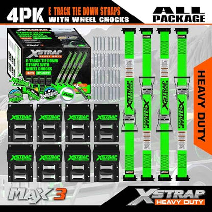 XSTRAP STANDARD 4-PK Wheel Chock E-Track Tie Down Straps Kit, 2"x9FT, Green | 4,400lb Break Strength Over-The-Tire Ratchet Straps with Steel Wheel Chocks for ATV, UTV, Lawn Mower, Trailer Hauling - size: Green-4PK-9FT