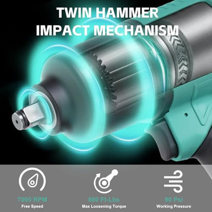 Dotool Air Impact Wrench 1/2 Inch Square Drive Heavy Duty 880 ft-Lbs Max Loosening Torque Output Pneumatic Impact Wrench Twin Hammer 7800RPM for Automobile Repair