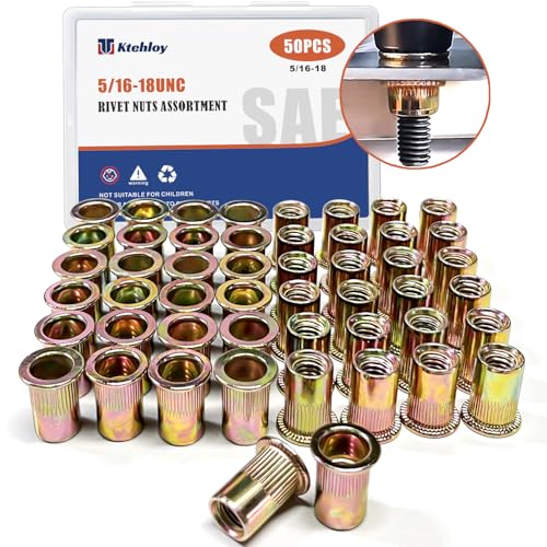 Rivet Nut, Ktehloy 50Pcs 5/16"-18UNC Carbon Steel Flat Head Rivnut Threaded Insert Nut, Zinc Plated Carbon Steel Nut Inserts, Knurled Body (5/16"-18) - size: 5/16"-18 - 50 Pcs