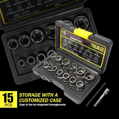 15Pcs Bolt Extractor Socket Set, Heavy-Duty Nut Socket Set, 3/8" Drive Impact Stripped Bolt Remover & Locking Lug Nut Tool for Damaged/Frozen/Rusted Bolts, Nuts & Screws, Storage Case Included - size: 15Pcs