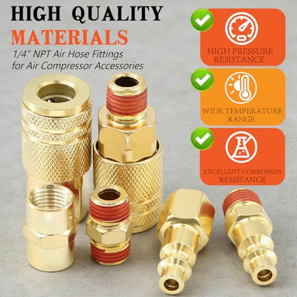 48 Pieces 1/4-Inch NPT Air Hose Fittings and Coupler Kit Copper-Plated with 360° Swivel, Quick Connect, Plugs and Adapters, Full Accessories for Air Compressor and Automotive Repair