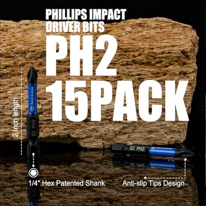 Facoow 15-Pack Phillips Bits #2 Impact, Anti-Slip 2-Inch Magnetic Phillips Head Drill & Screwdriver Bits, PH2 Premium S2 Steel 1/4" Hex Shank for Impact Drivers, Professional & DIY Use - color: 2"*15pcs, size: PH2