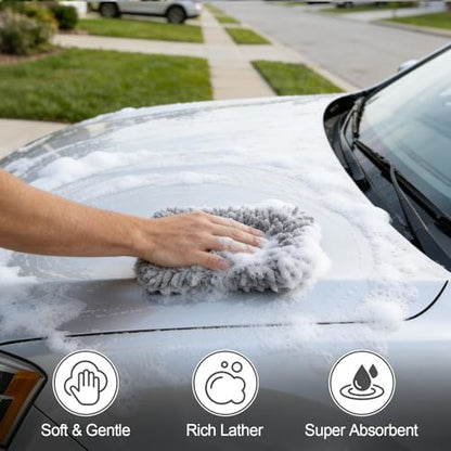 RAINFLOW Microfiber Car Wash Pads 2 Pack - Chenille Cleaning Cloths for Car | Gray Soft Absorbent Wash Mitt Pads for Gentle Cleaning, Reusable Auto Detailing Supplies for Motorcycles Boats