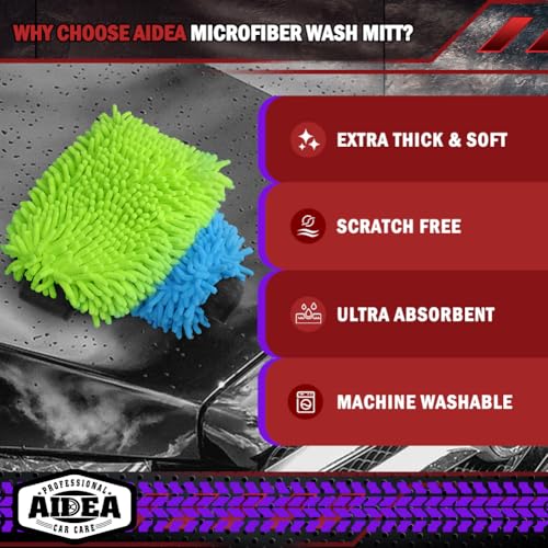 AIDEA Car Wash Mitt Microfiber, 2PK, Car Wash Brush, 7.12''X10.14'' | Scratch Free Lint-Free, Premium Chenille Microfiber Mitt, Regular Size, Green & Blue - color: Green Blue, size: 2PK-7.12''X10.14''