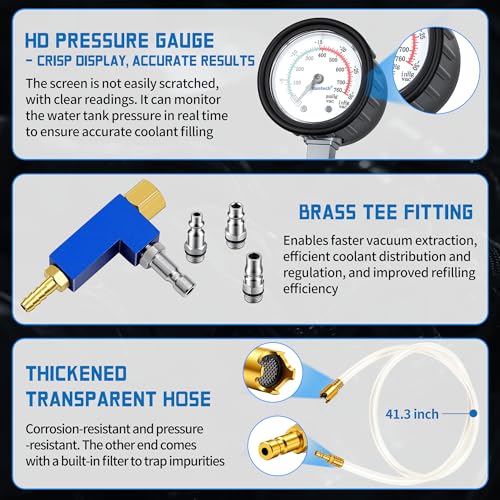 Kuntech Coolant Vacuum Refill Kit, Quick Airlift Coolant Refill Tool, Universal Adapters, Well-Sealed Cooling System Vacuum Purge & Refill Kit with Pressure Gauge for Most Vehicles