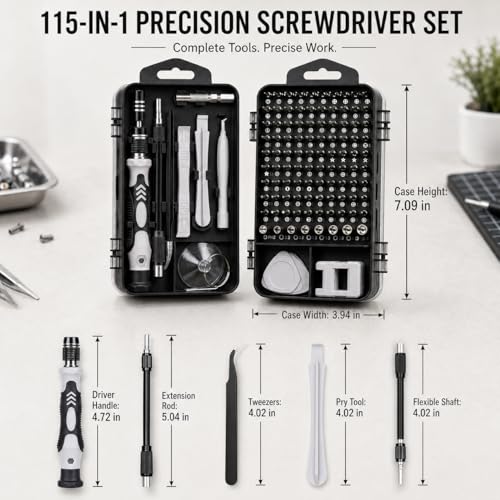 115-in-1 Precision Screwdriver Sets, Professional Repair Tool Kit Multiple Bits for Electronics, Phone, Watch, Automotive, Glasses and Bike Maintenance Non-Slip Handle Tweezers and Crowbar - color: Silver