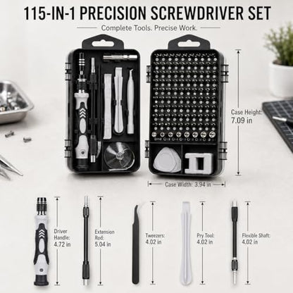 115-in-1 Precision Screwdriver Sets, Professional Repair Tool Kit Multiple Bits for Electronics, Phone, Watch, Automotive, Glasses and Bike Maintenance Non-Slip Handle Tweezers and Crowbar - color: Silver
